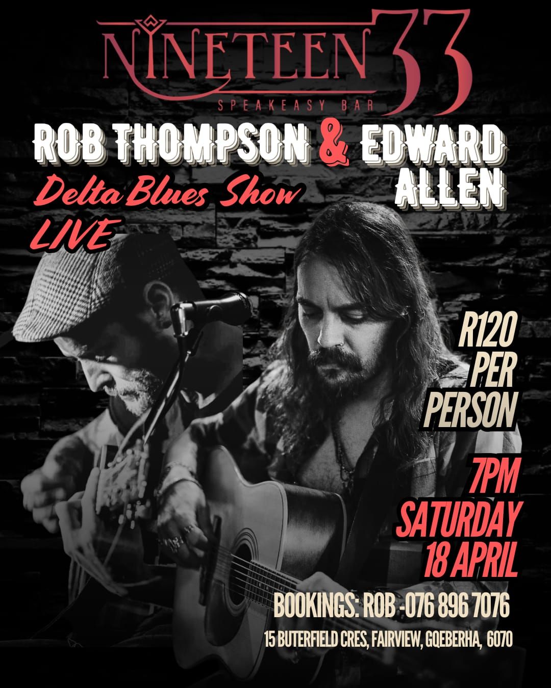 Rob Thompson & Edward Allen — Delta Blues Show — live at Nineteen33 Speakeasy Bar, 18 Apr 2026 (gig poster)